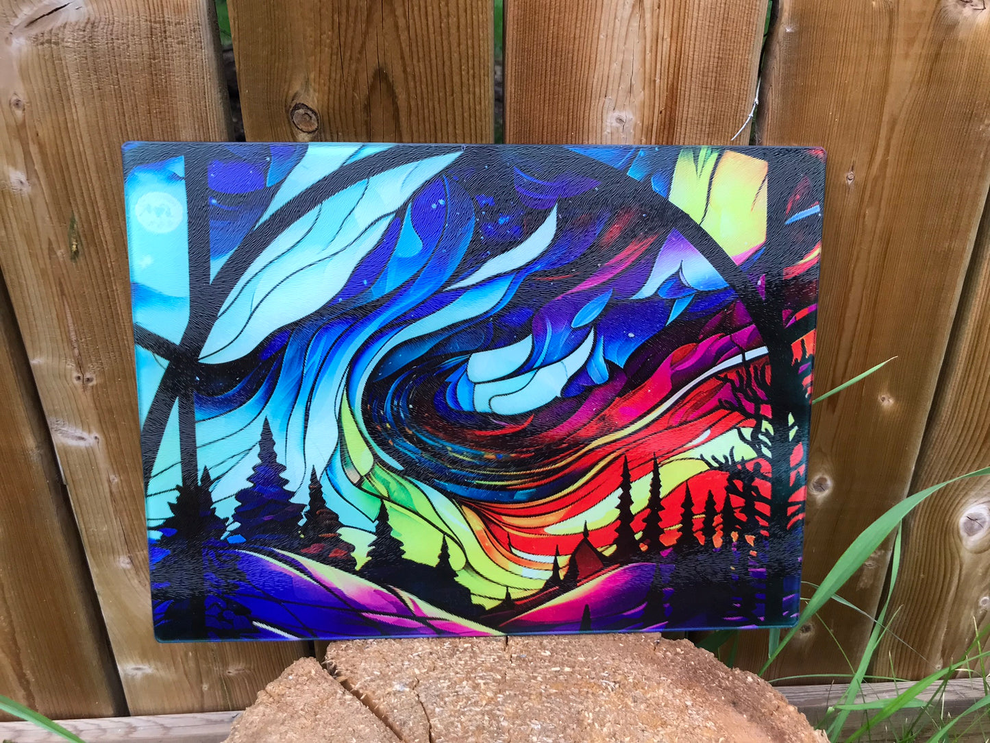 Stained glass northern lights cutting board