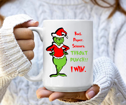 Rock Paper Scissors throat punch I win mug