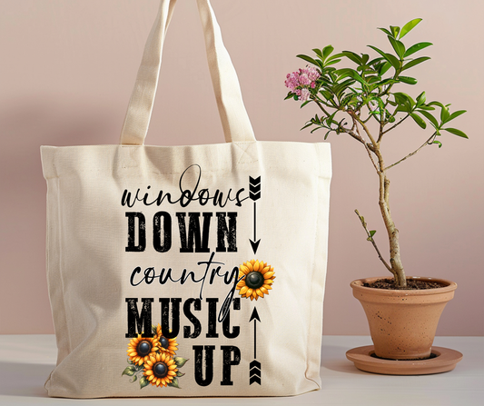 windows down music up tote bag