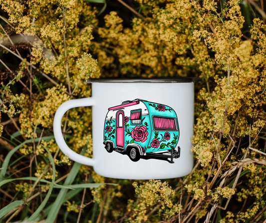 Teal pink camper