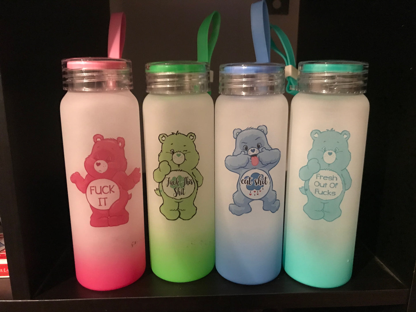 Set of 4 Sweary bear glass water bottles