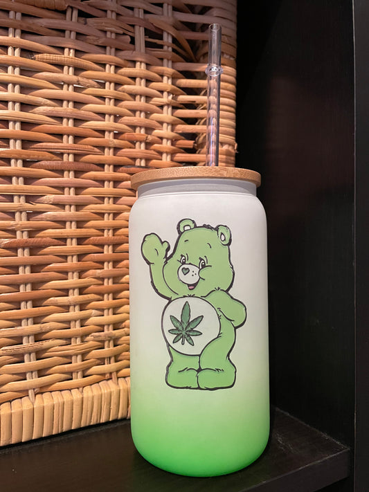 C Bear Green Glass Can